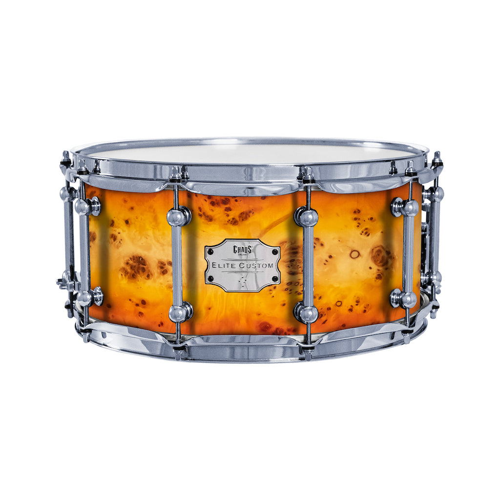 Chaos Elite Custom 13x6.5 Snare Drum American Maple Re-Ring & Mappa Burl - Orange Natural Burst