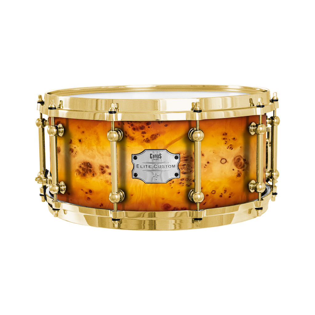 Chaos Elite Custom 13x6.5 Snare Drum American Maple Re-Ring & Mappa Burl - Orange Natural Burst