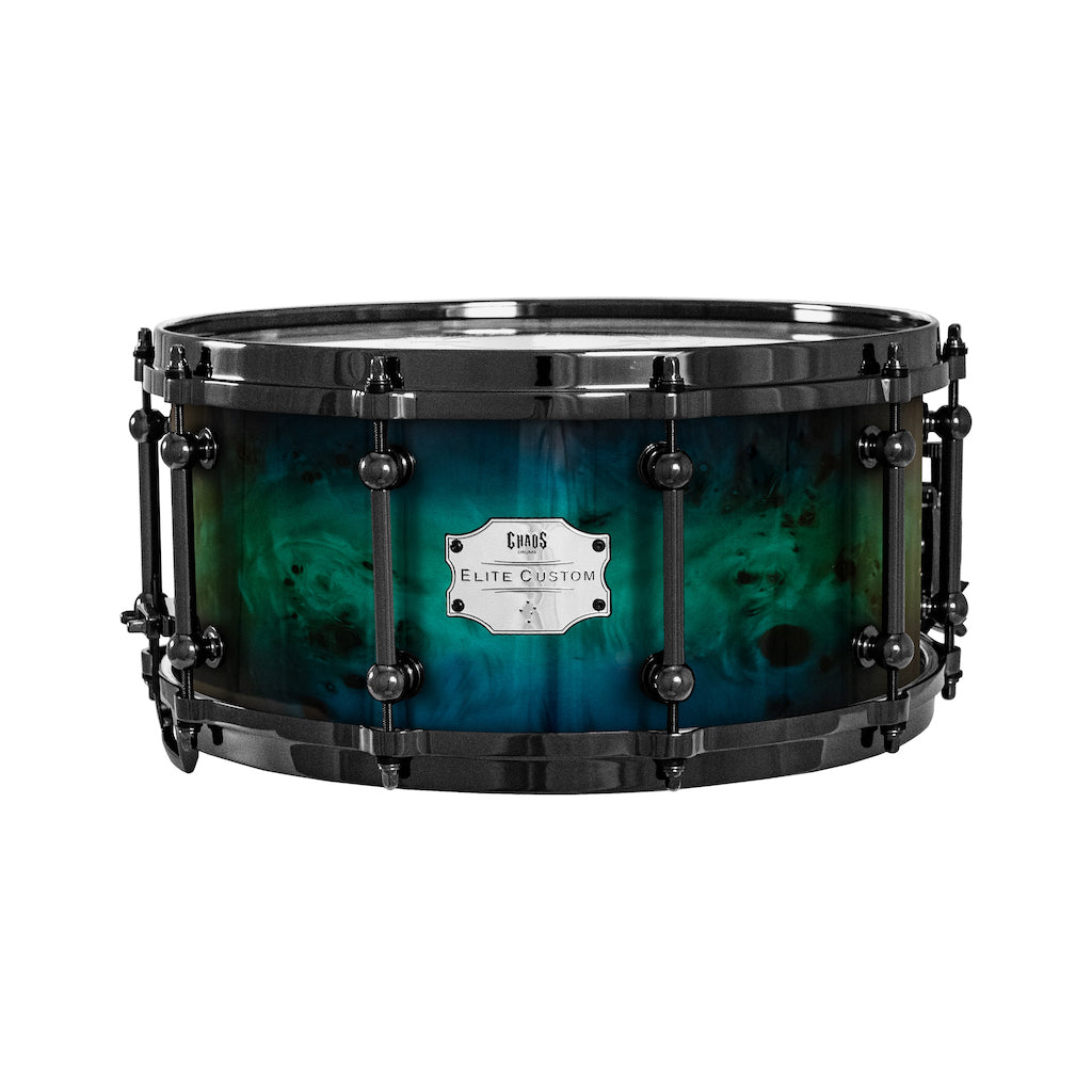 Chaos Elite Custom 14x6.5 Snare Drum American Maple Re-Ring & Mappa Burl - Blue Green Fade