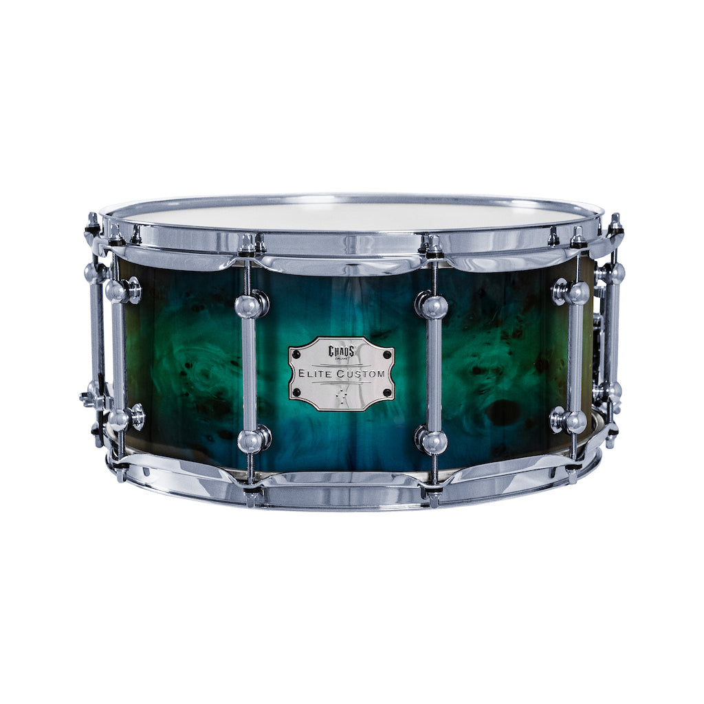 Chaos Elite Custom 14x6.5 Snare Drum American Maple Re-Ring & Mappa Burl - Blue Green Fade