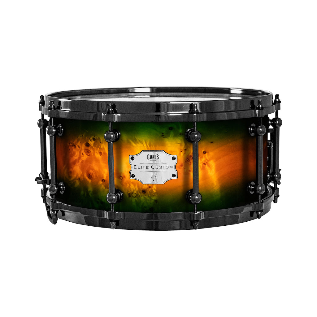 Chaos Elite Custom 14x6.5 Snare Drum American Maple Re-Ring & Mappa Burl - Green Orange Burst