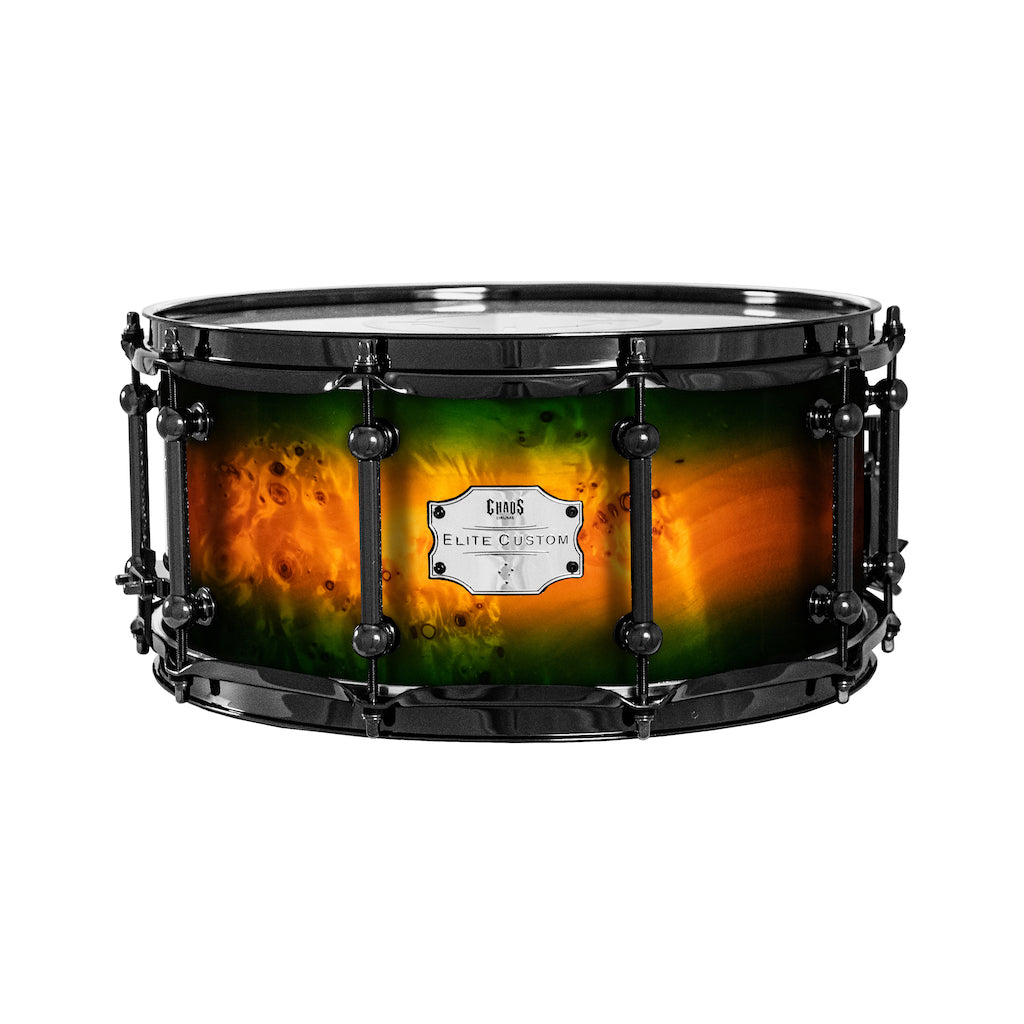 Chaos Elite Custom 14x6.5 Snare Drum American Maple Re-Ring & Mappa Burl - Green Orange Burst
