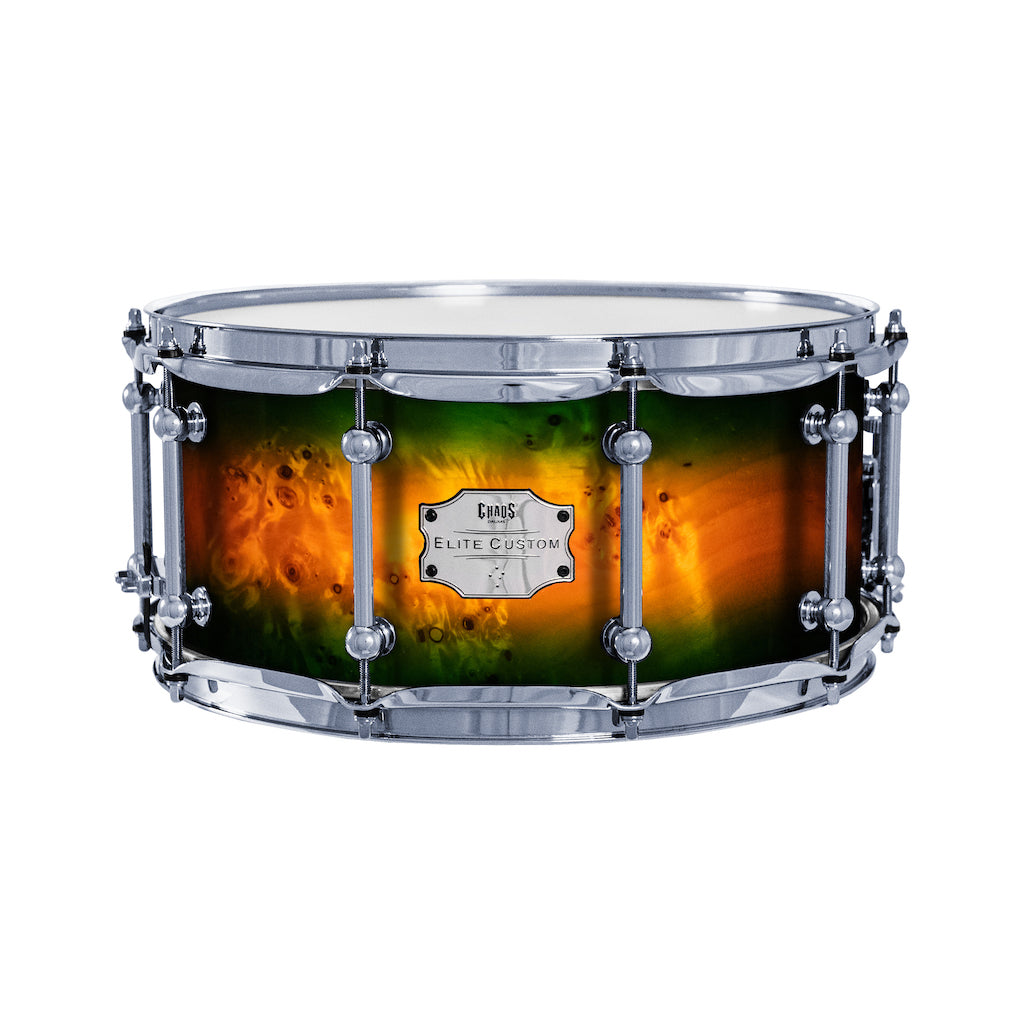 Chaos Elite Custom 14x6.5 Snare Drum American Maple Re-Ring & Mappa Burl - Green Orange Burst