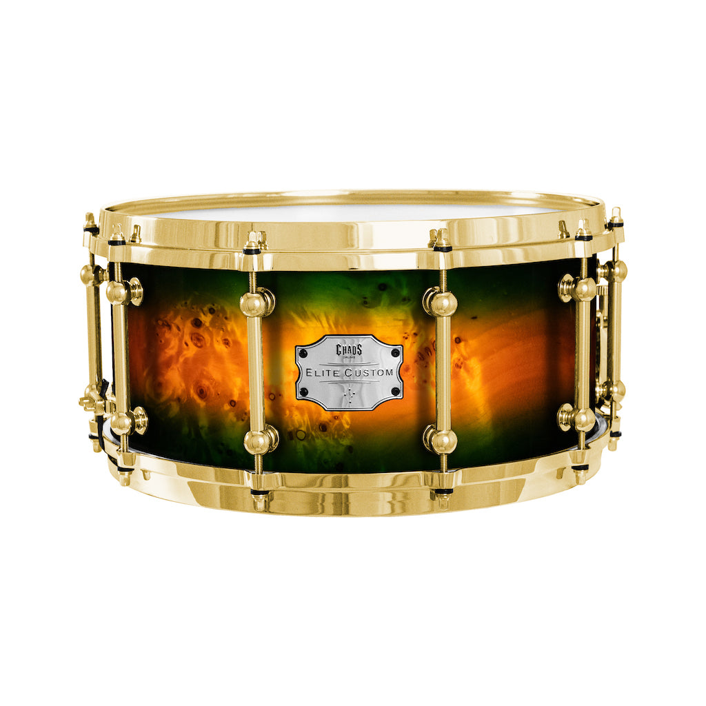 Chaos Elite Custom 14x6.5 Snare Drum American Maple Re-Ring & Mappa Burl - Green Orange Burst