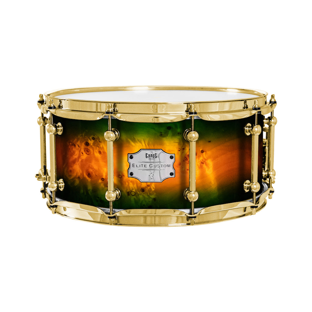 Chaos Elite Custom 14x6.5 Snare Drum American Maple Re-Ring & Mappa Burl - Green Orange Burst