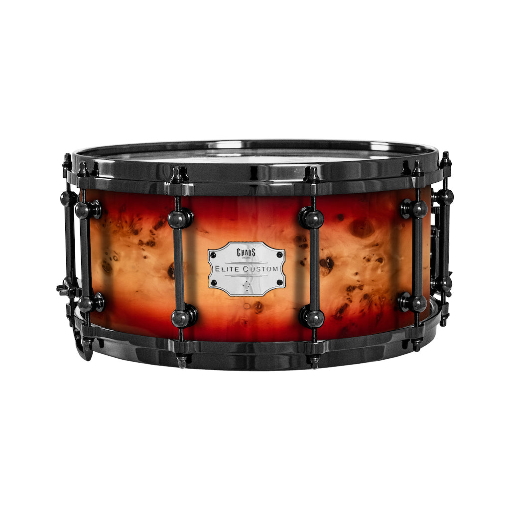Chaos Elite Custom 14x6.5 Snare Drum American Maple Re-Ring & Mappa Burl - Red Natural Burst
