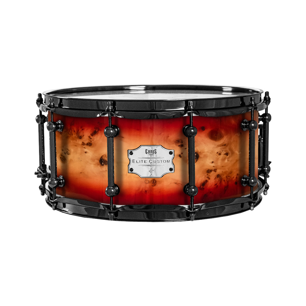 Chaos Elite Custom 14x6.5 Snare Drum American Maple Re-Ring & Mappa Burl - Red Natural Burst