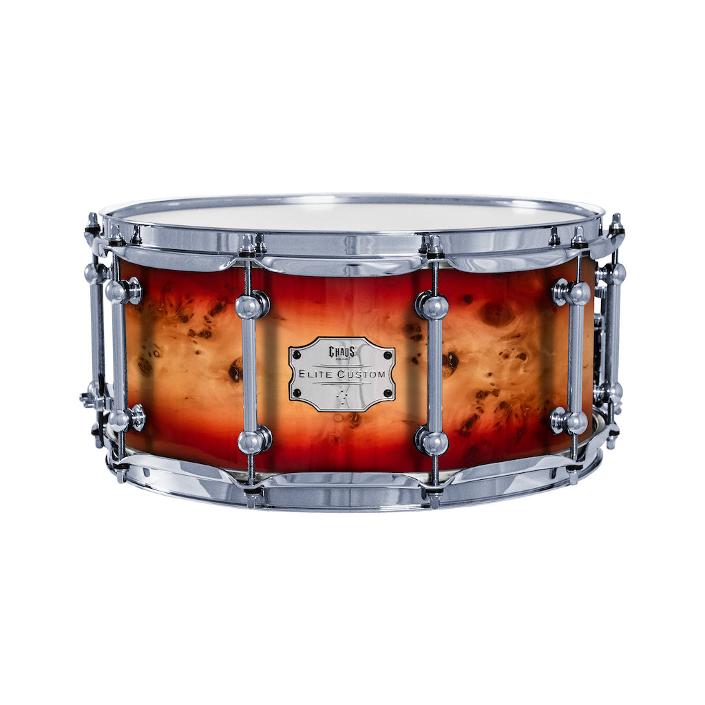 Chaos Elite Custom 14x6.5 Snare Drum American Maple Re-Ring & Mappa Burl - Red Natural Burst
