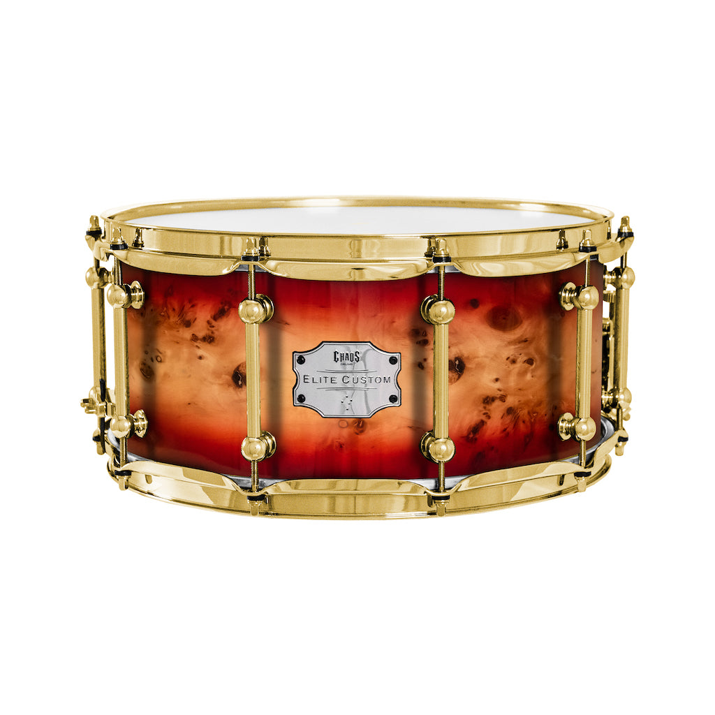 Chaos Elite Custom 14x6.5 Snare Drum American Maple Re-Ring & Mappa Burl - Red Natural Burst