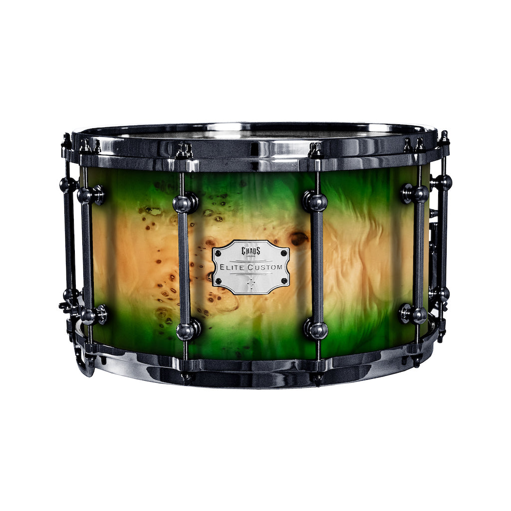Chaos Elite Custom 14x8 Snare Drum American Maple Re-Ring & Mappa Burl - Green Natural Burst