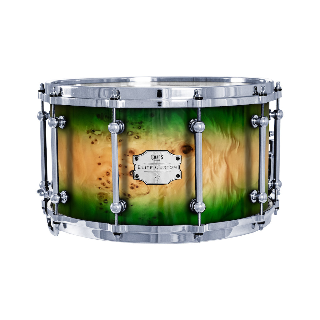 Chaos Elite Custom 14x8 Snare Drum American Maple Re-Ring & Mappa Burl - Green Natural Burst