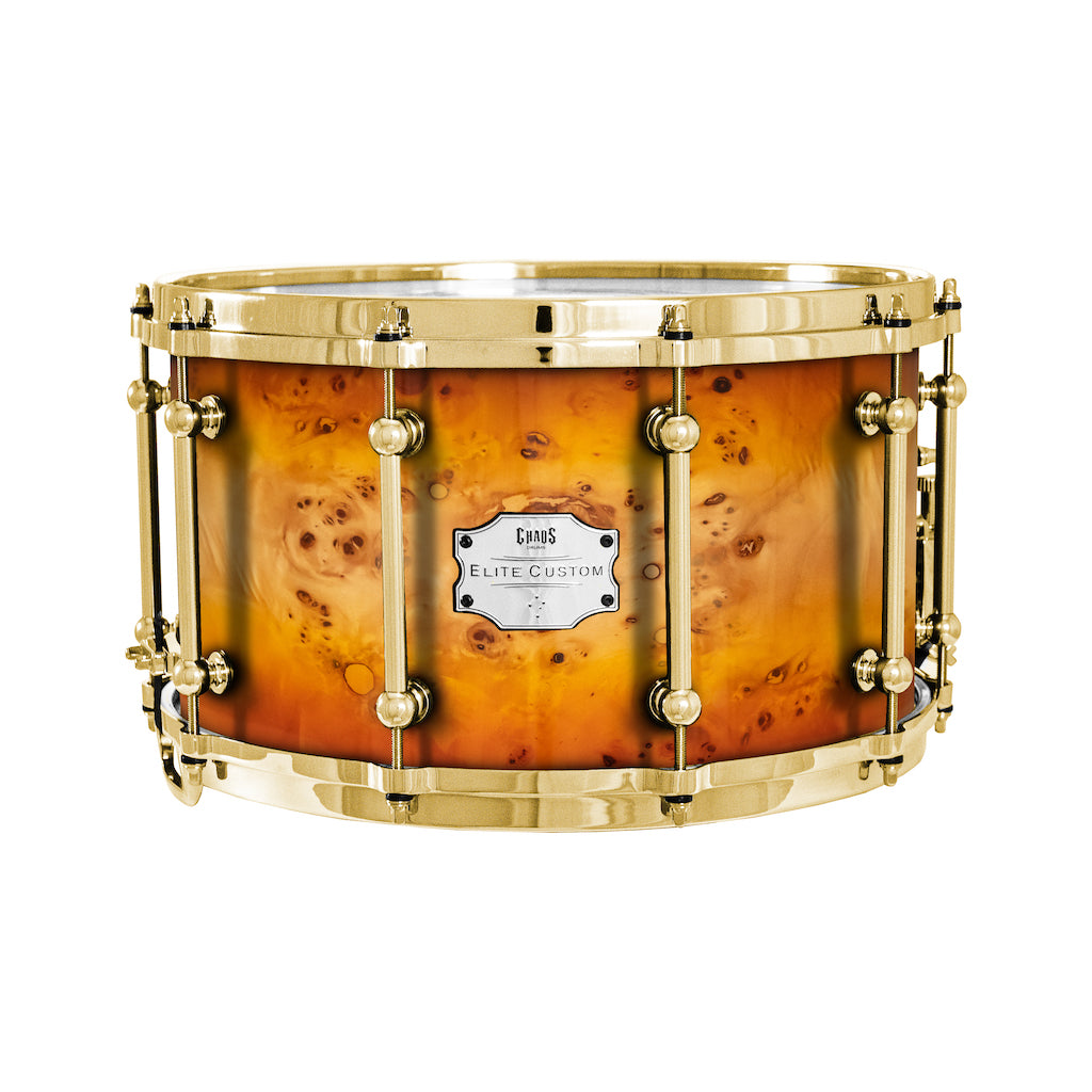 Chaos Elite Custom 14x8 Snare Drum American Maple Re-Ring & Mappa Burl - Orange Natural Burst