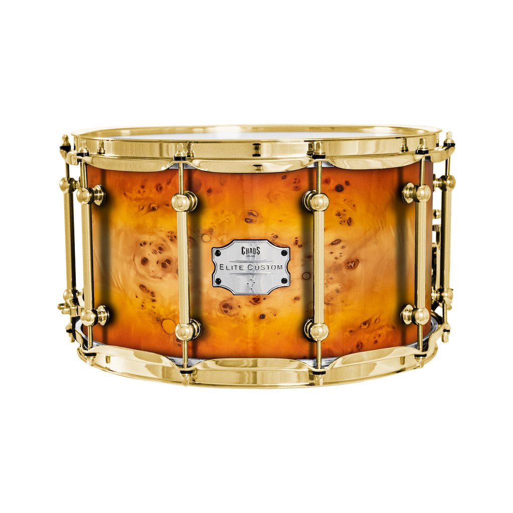 Chaos Elite Custom 14x8 Snare Drum American Maple Re-Ring & Mappa Burl - Orange Natural Burst