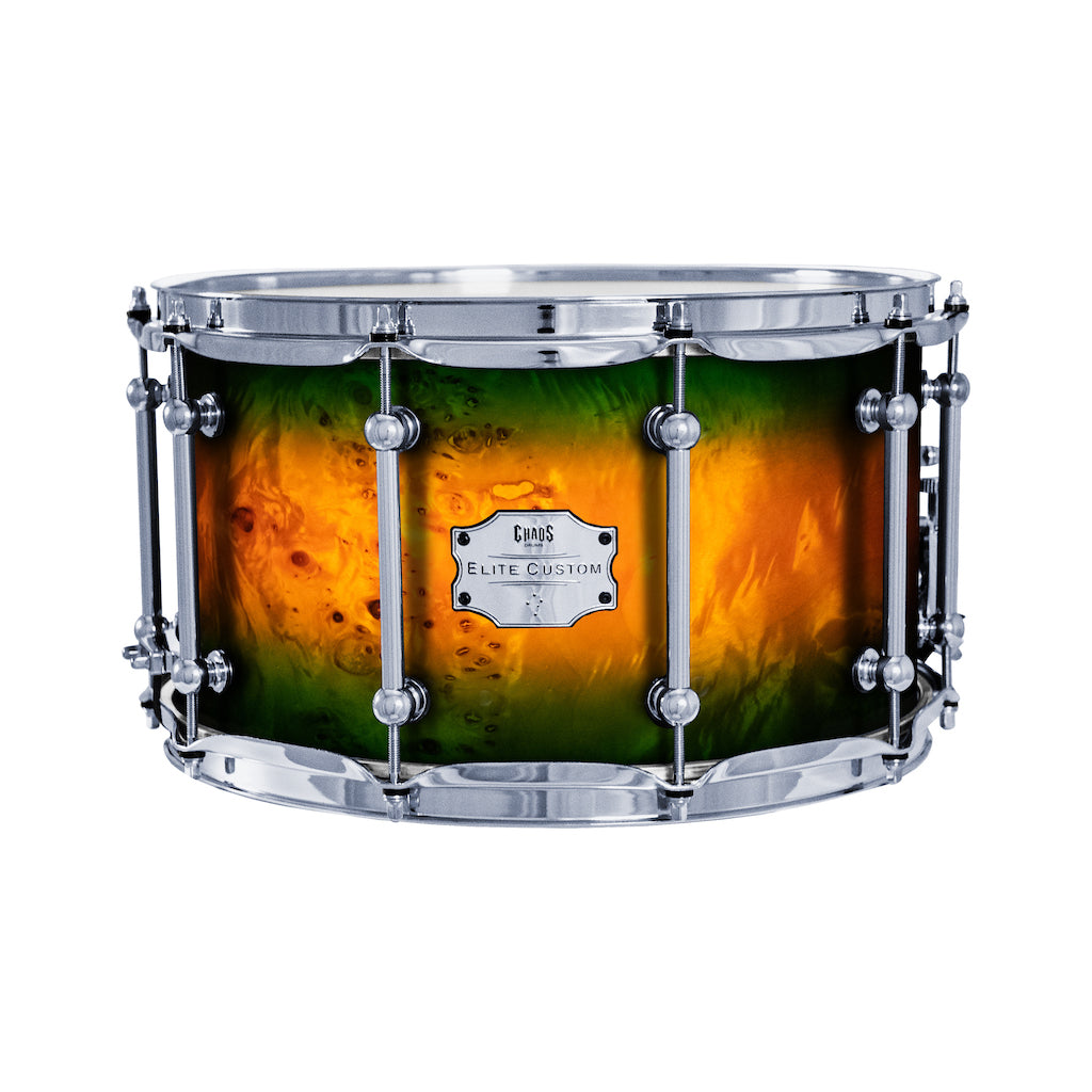 Chaos Elite Custom 14x8 Snare Drum American Maple Re-Ring & Mappa Burl - Green Orange Burst