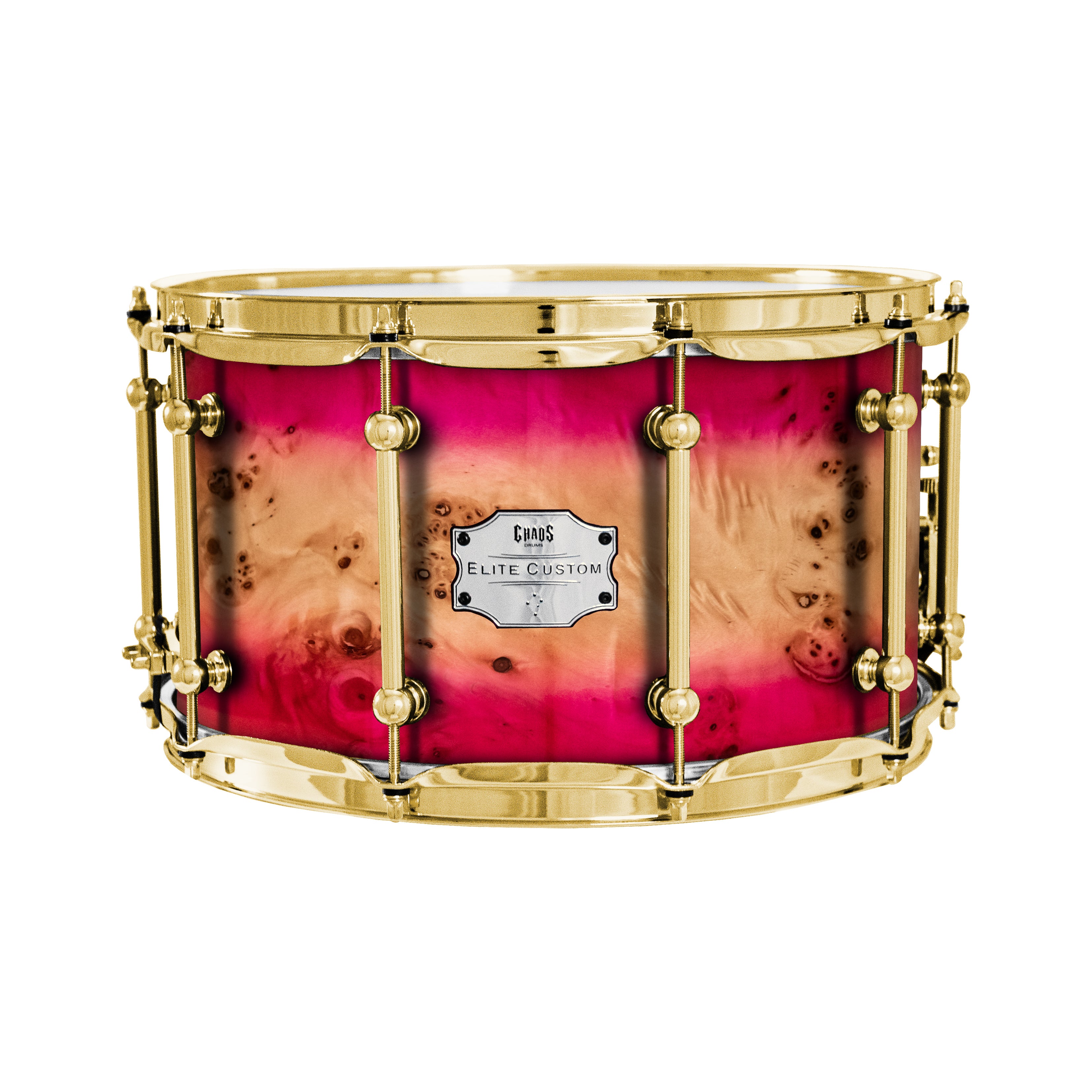 Chaos Elite Custom 14x8 Snare Drum American Maple Re-Ring & Mappa Burl - Pink Natural Burst