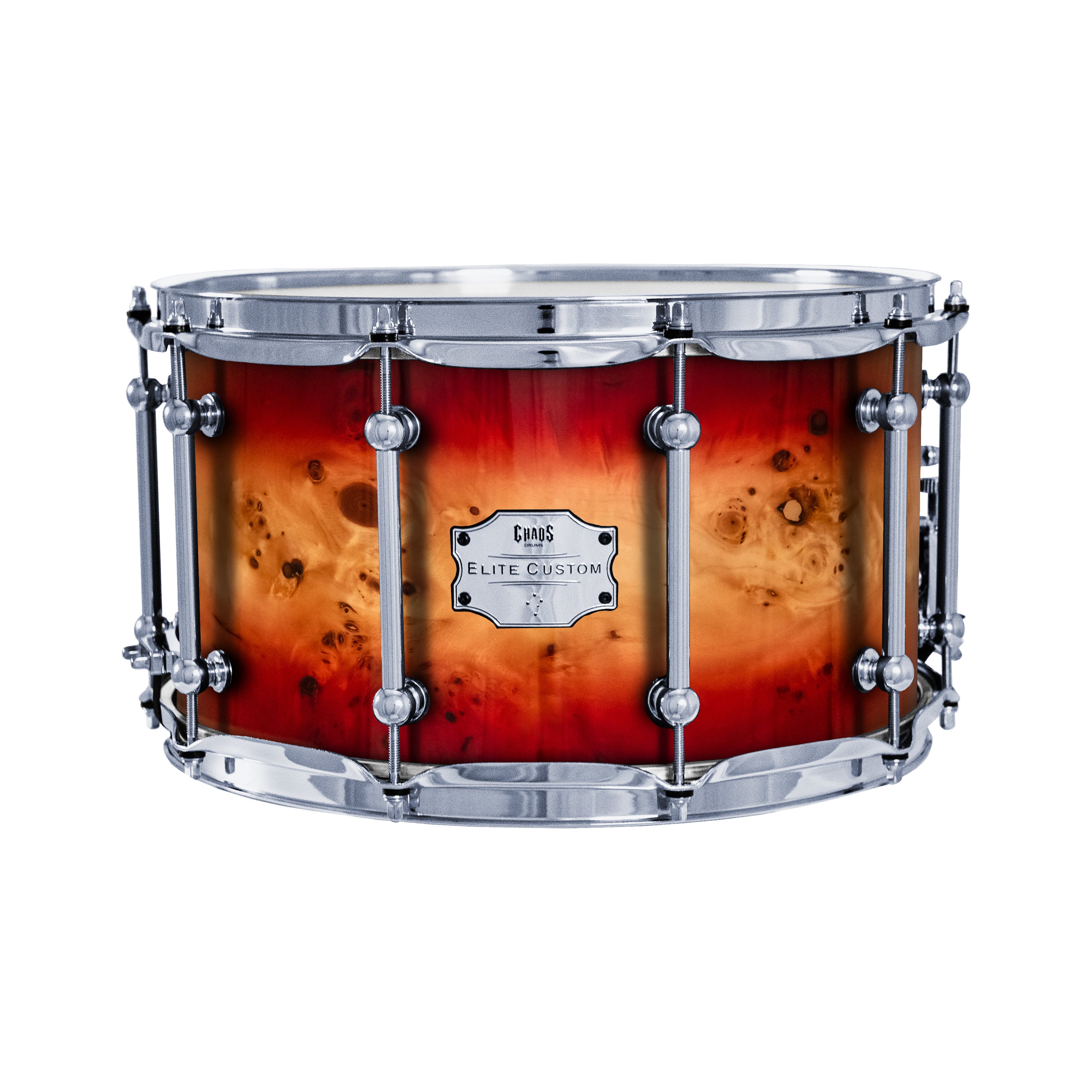 Chaos Elite Custom 14x8 Snare Drum American Maple Re-Ring & Mappa Burl - Red Natural Burst