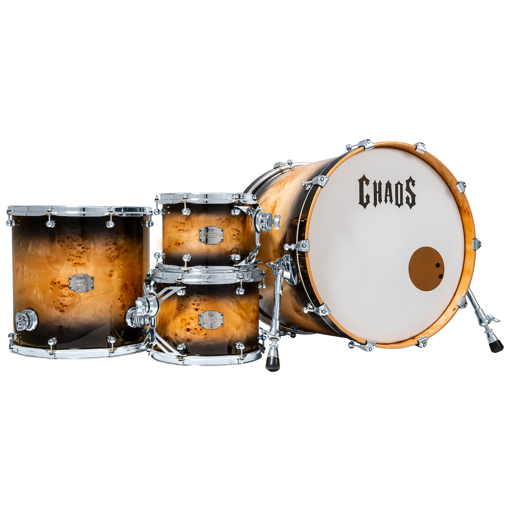 Chaos Elite Custom Drum Kit Maple & Mappa Burl Re-Rings - Black Natural Burst