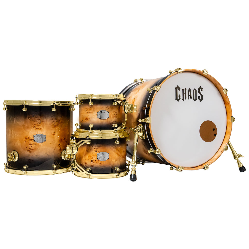 Chaos Elite Custom Drum Kit Maple & Mappa Burl Re-Rings - Black Natural Burst