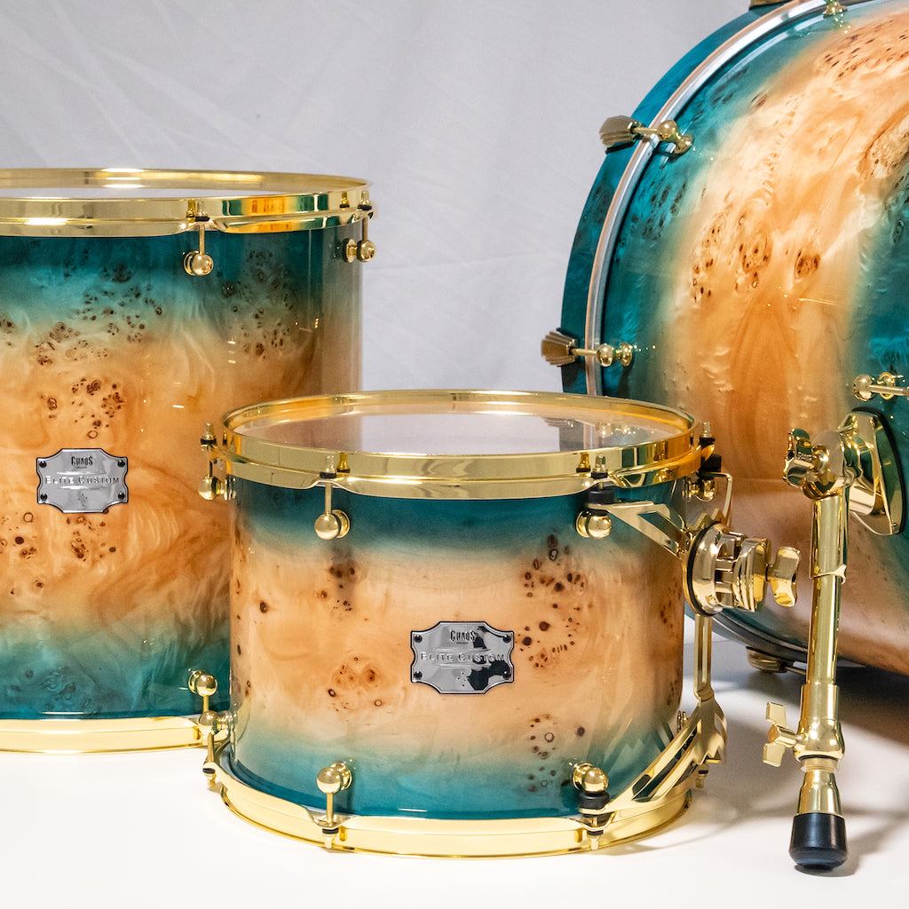 Chaos Elite Custom Drum Kit Maple & Mappa Burl Re-Rings - Blue Natural Burst