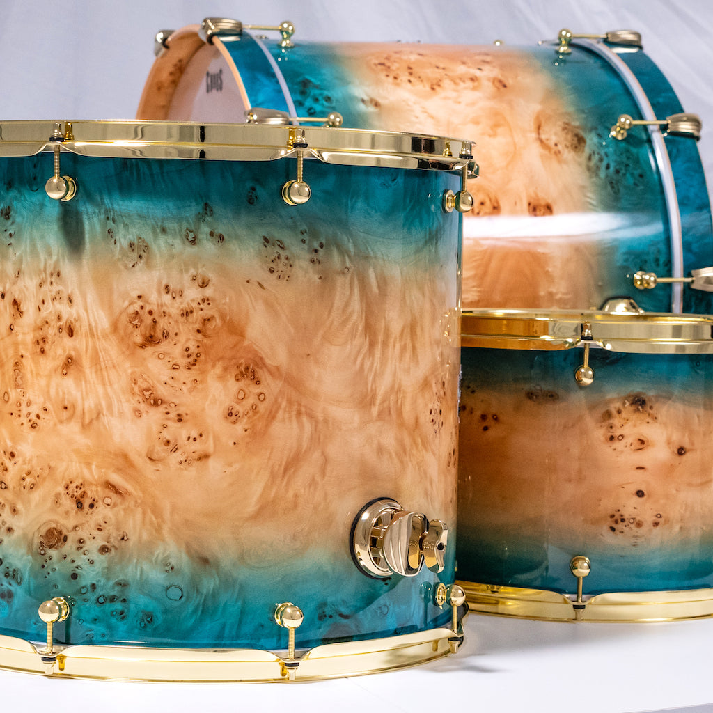 Chaos Elite Custom Drum Kit Maple & Mappa Burl Re-Rings - Blue Natural Burst