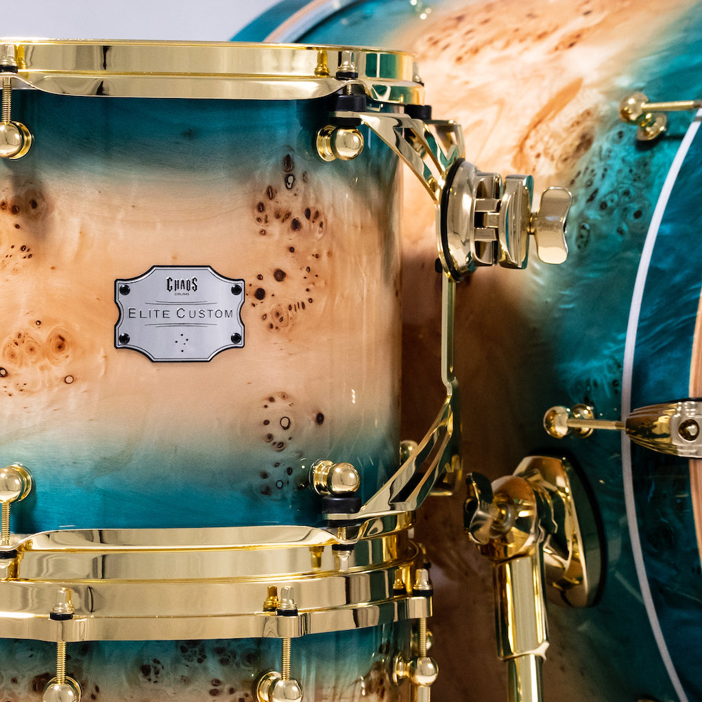 Chaos Elite Custom Drum Kit Maple & Mappa Burl Re-Rings - Blue Natural Burst