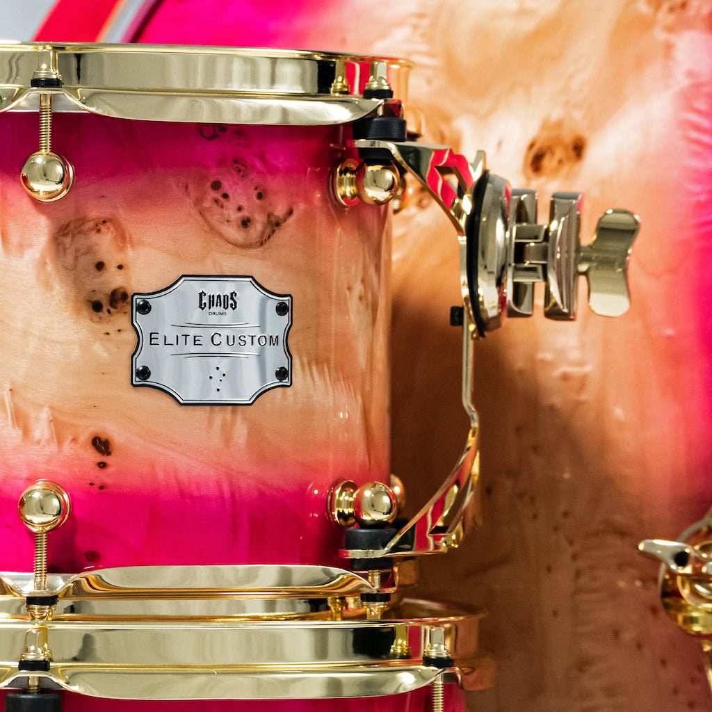 Chaos Elite Custom Drum Kit Maple & Mappa Burl Re-Rings - Pink Natural Burst