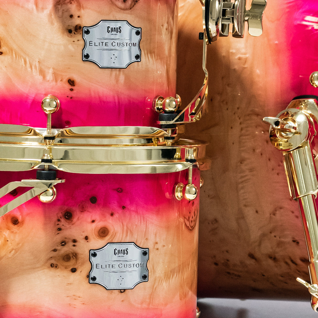 Chaos Elite Custom Drum Kit Maple & Mappa Burl Re-Rings - Pink Natural Burst