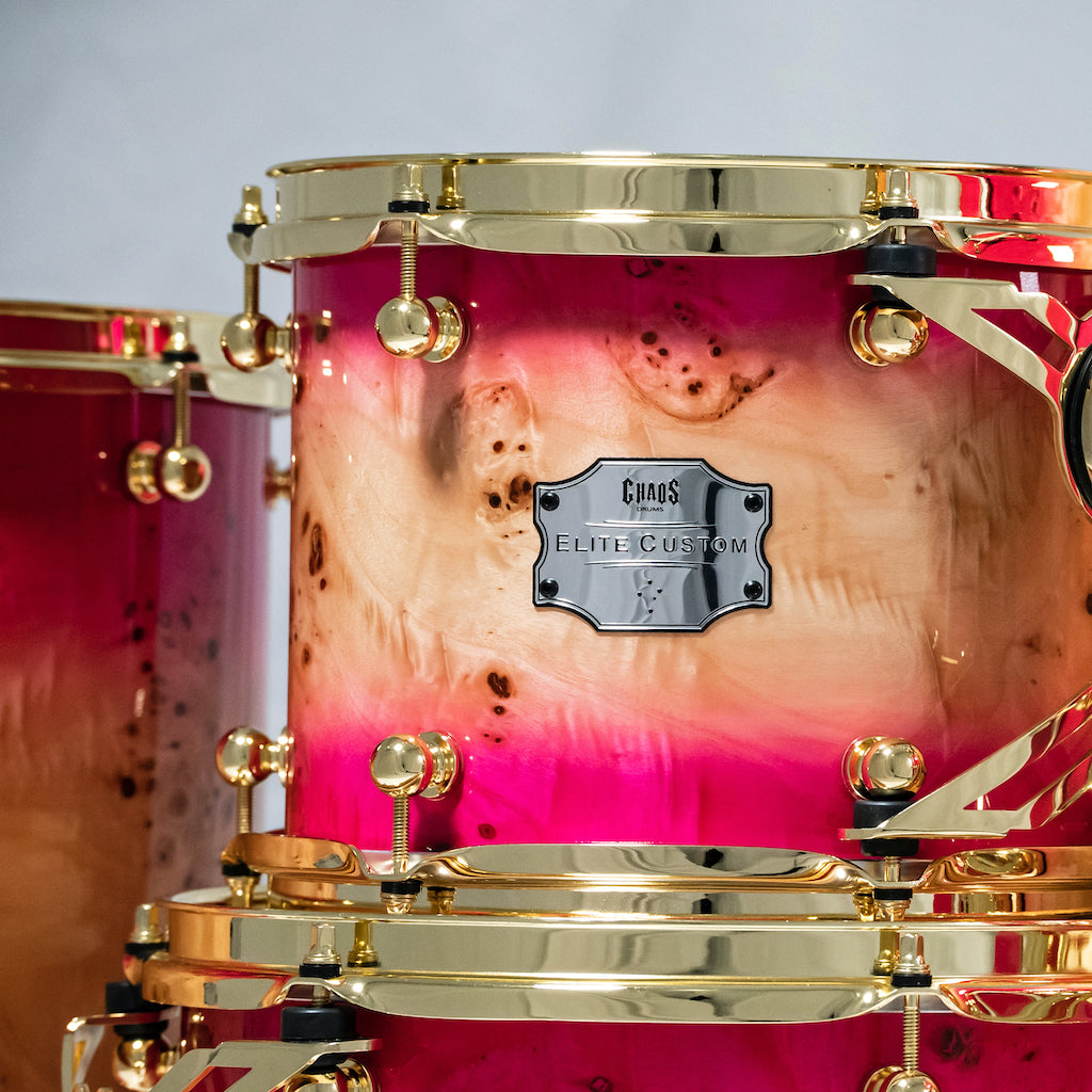 Chaos Elite Custom Drum Kit Maple & Mappa Burl Re-Rings - Pink Natural Burst