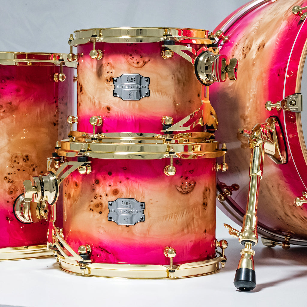 Chaos Elite Custom Drum Kit Maple & Mappa Burl Re-Rings - Pink Natural Burst