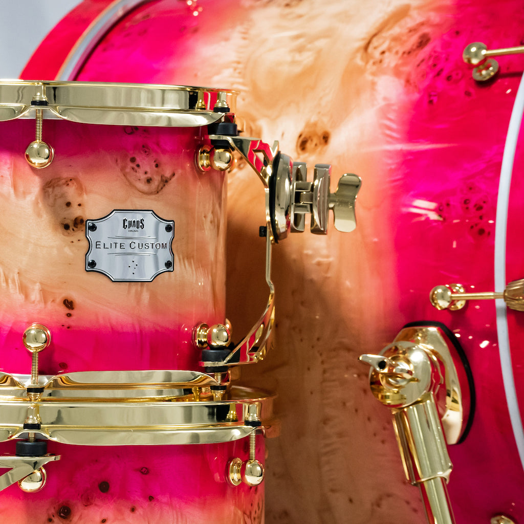 Chaos Elite Custom Drum Kit Maple & Mappa Burl Re-Rings - Pink Natural Burst