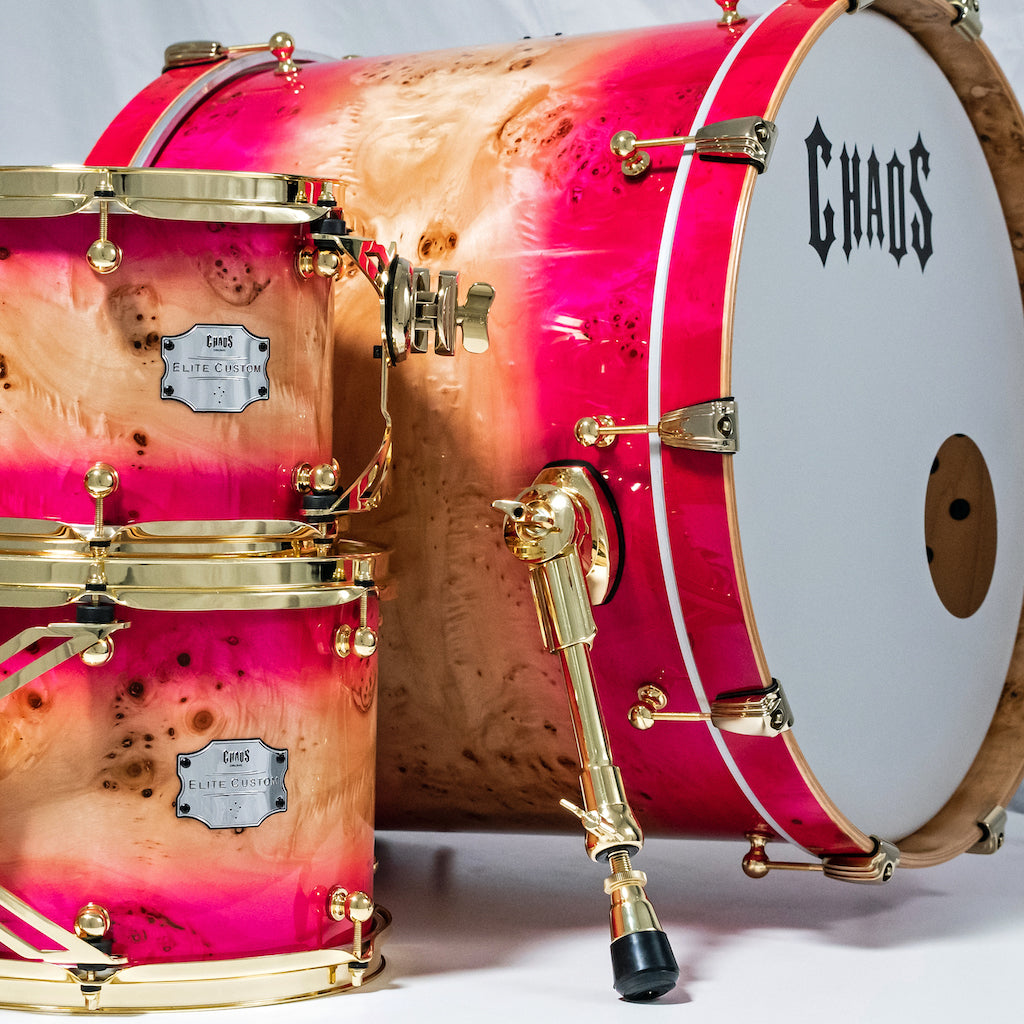 Chaos Elite Custom Drum Kit Maple & Mappa Burl Re-Rings - Pink Natural Burst