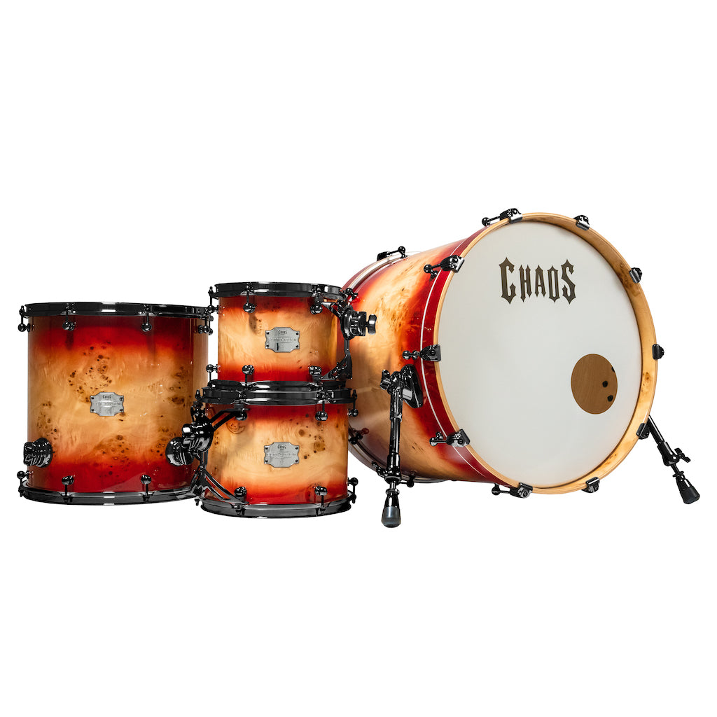 Chaos Elite Custom Drum Kit Maple & Mappa Burl Re-Rings - Red Natural Burst