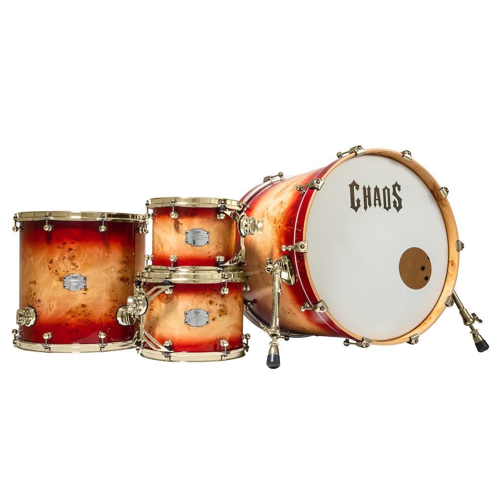 Chaos Elite Custom Drum Kit Maple & Mappa Burl Re-Rings - Red Natural Burst