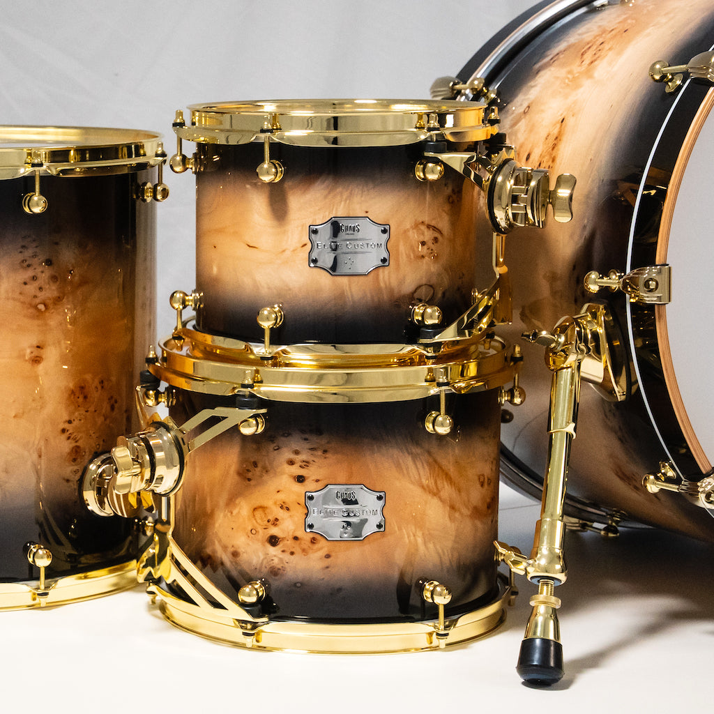 Chaos Elite Custom Drum Kit Maple & Mappa Burl Re-Rings - Black Natural Burst