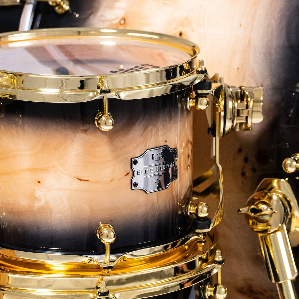 Chaos Elite Custom Drum Kit Maple & Mappa Burl Re-Rings - Black Natural Burst