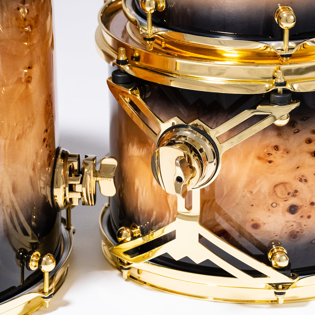 Chaos Elite Custom Drum Kit Maple & Mappa Burl Re-Rings - Black Natural Burst