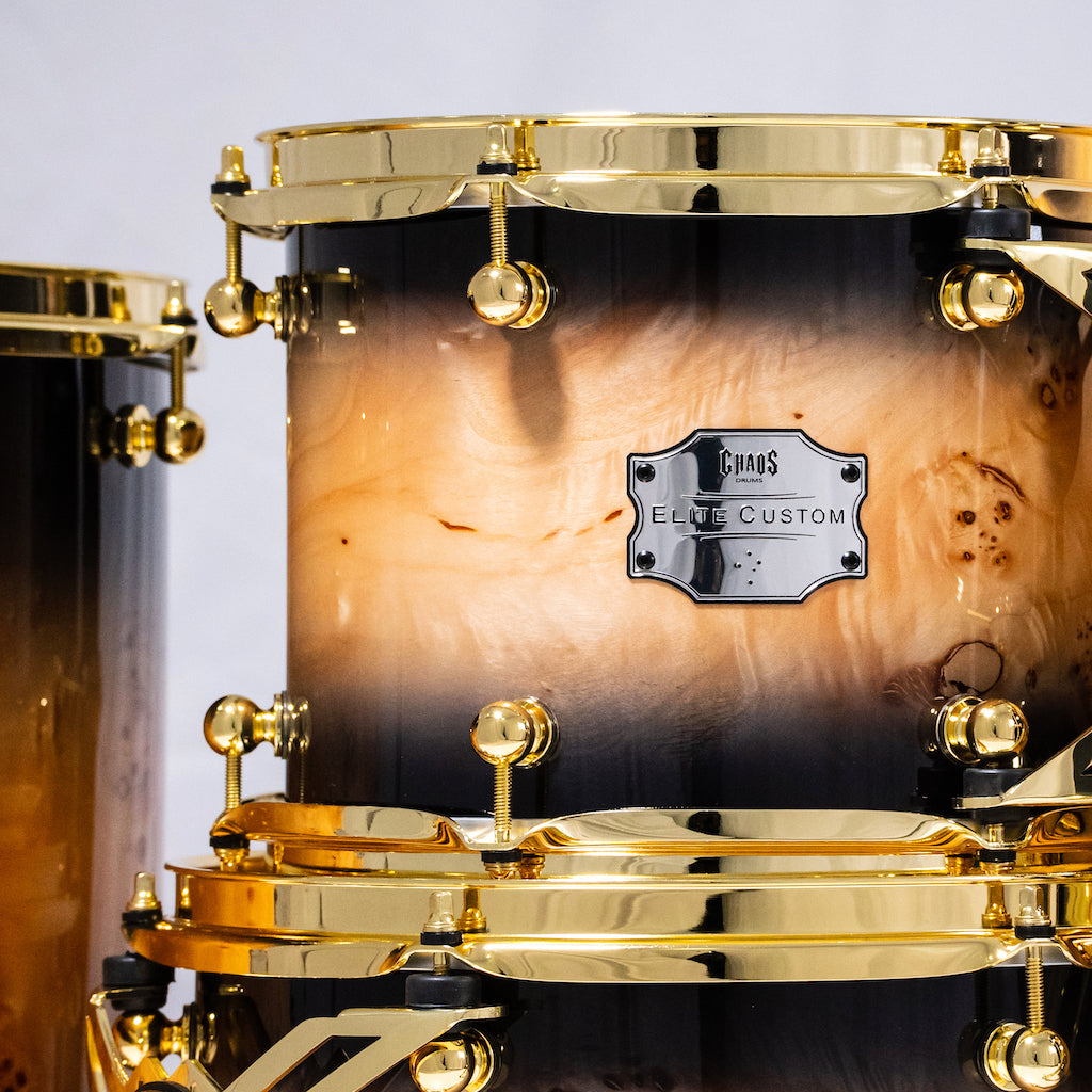 Chaos Elite Custom Drum Kit Maple & Mappa Burl Re-Rings - Black Natural Burst