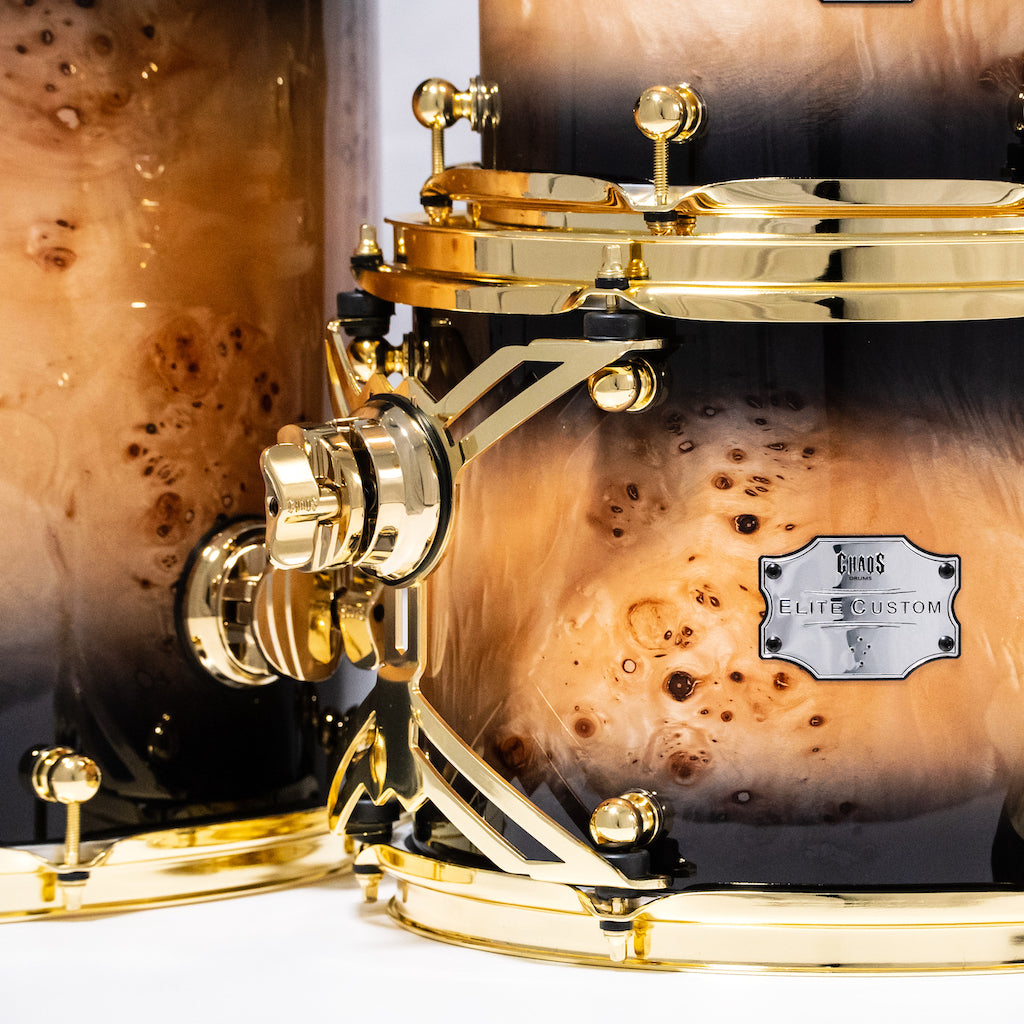 Chaos Elite Custom Drum Kit Maple & Mappa Burl Re-Rings - Black Natural Burst