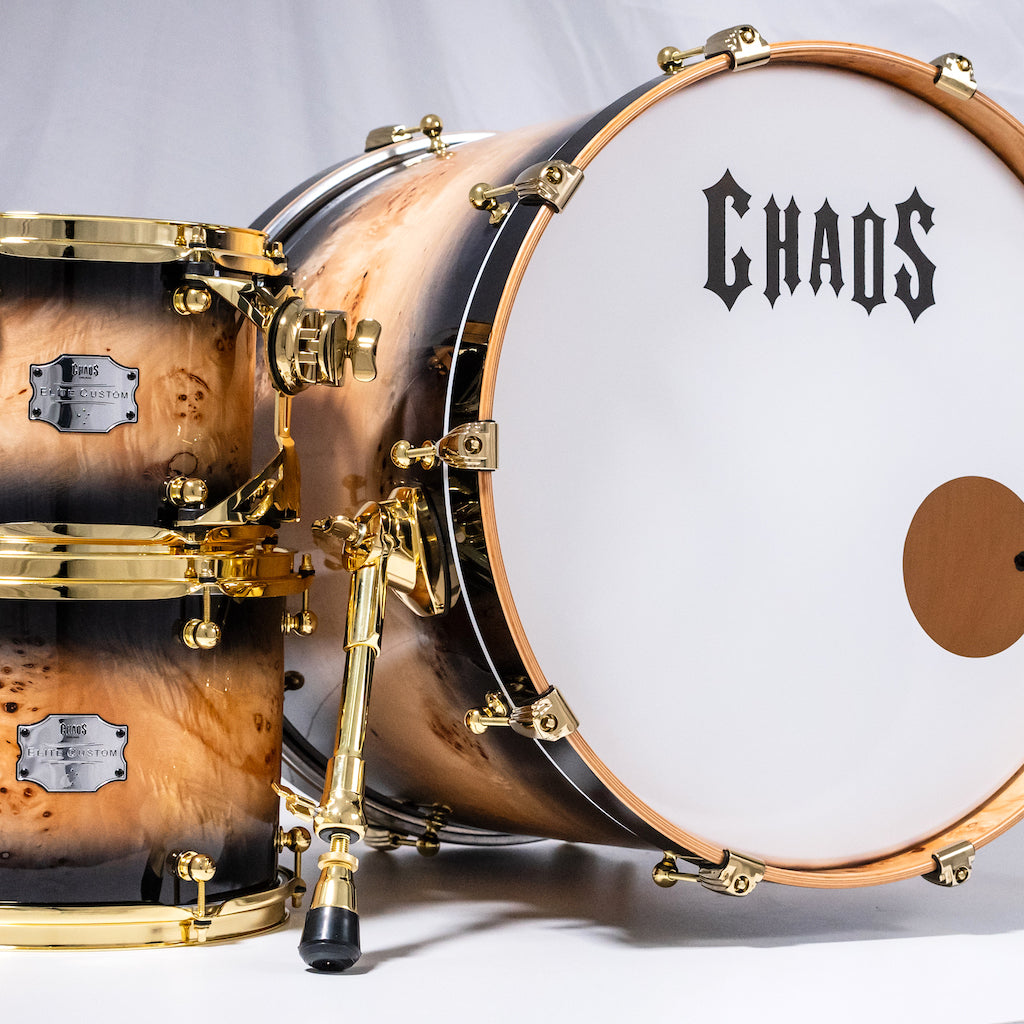 Chaos Elite Custom Drum Kit Maple & Mappa Burl Re-Rings - Black Natural Burst