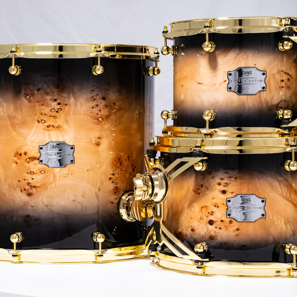 Chaos Elite Custom Drum Kit Maple & Mappa Burl Re-Rings - Black Natural Burst