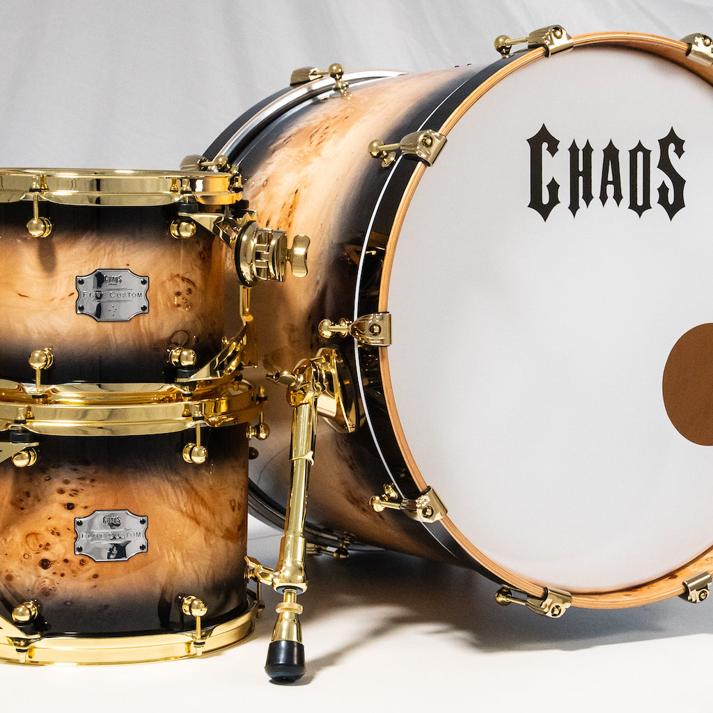 Chaos Elite Custom Drum Kit Maple & Mappa Burl Re-Rings - Black Natural Burst
