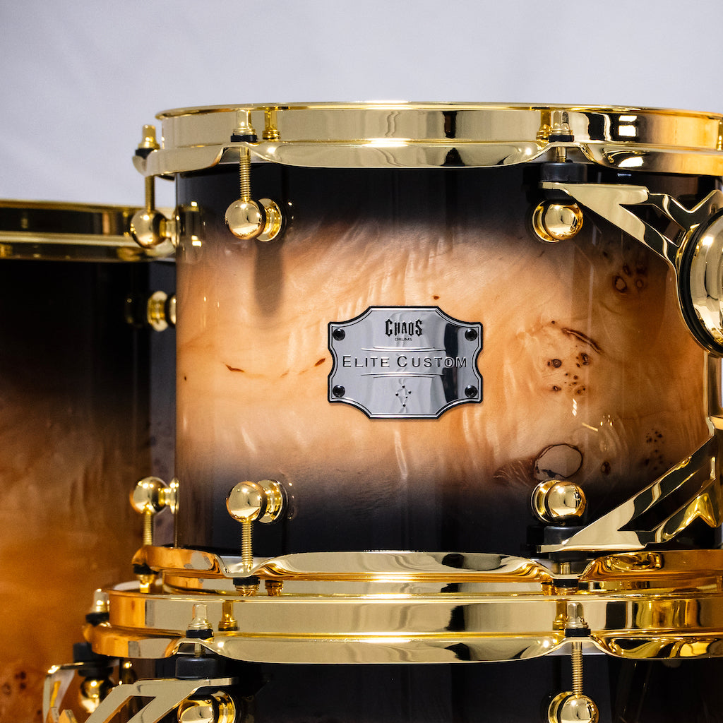 Chaos Elite Custom Drum Kit Maple & Mappa Burl Re-Rings - Black Natural Burst