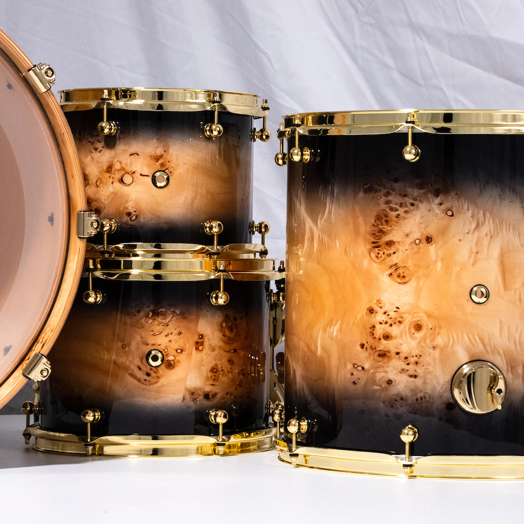 Chaos Elite Custom Drum Kit Maple & Mappa Burl Re-Rings - Black Natural Burst