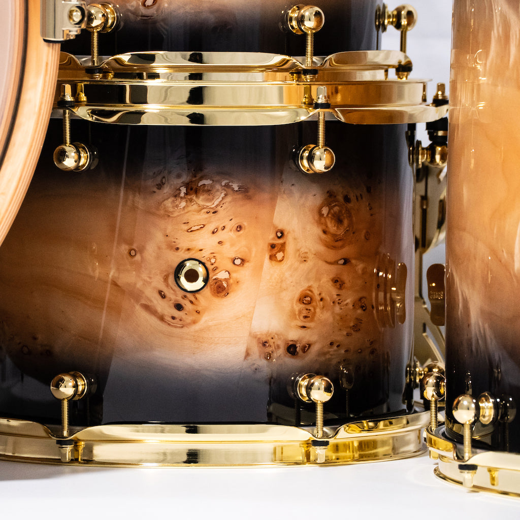 Chaos Elite Custom Drum Kit Maple & Mappa Burl Re-Rings - Black Natural Burst
