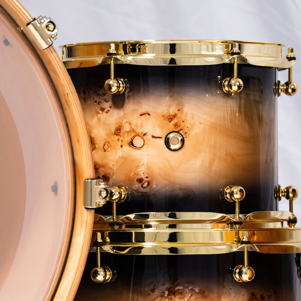 Chaos Elite Custom Drum Kit Maple & Mappa Burl Re-Rings - Black Natural Burst