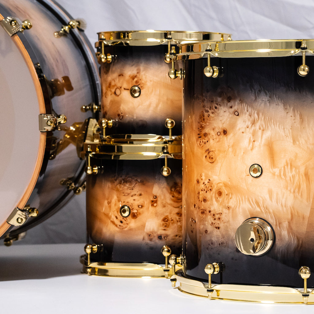 Chaos Elite Custom Drum Kit Maple & Mappa Burl Re-Rings - Black Natural Burst
