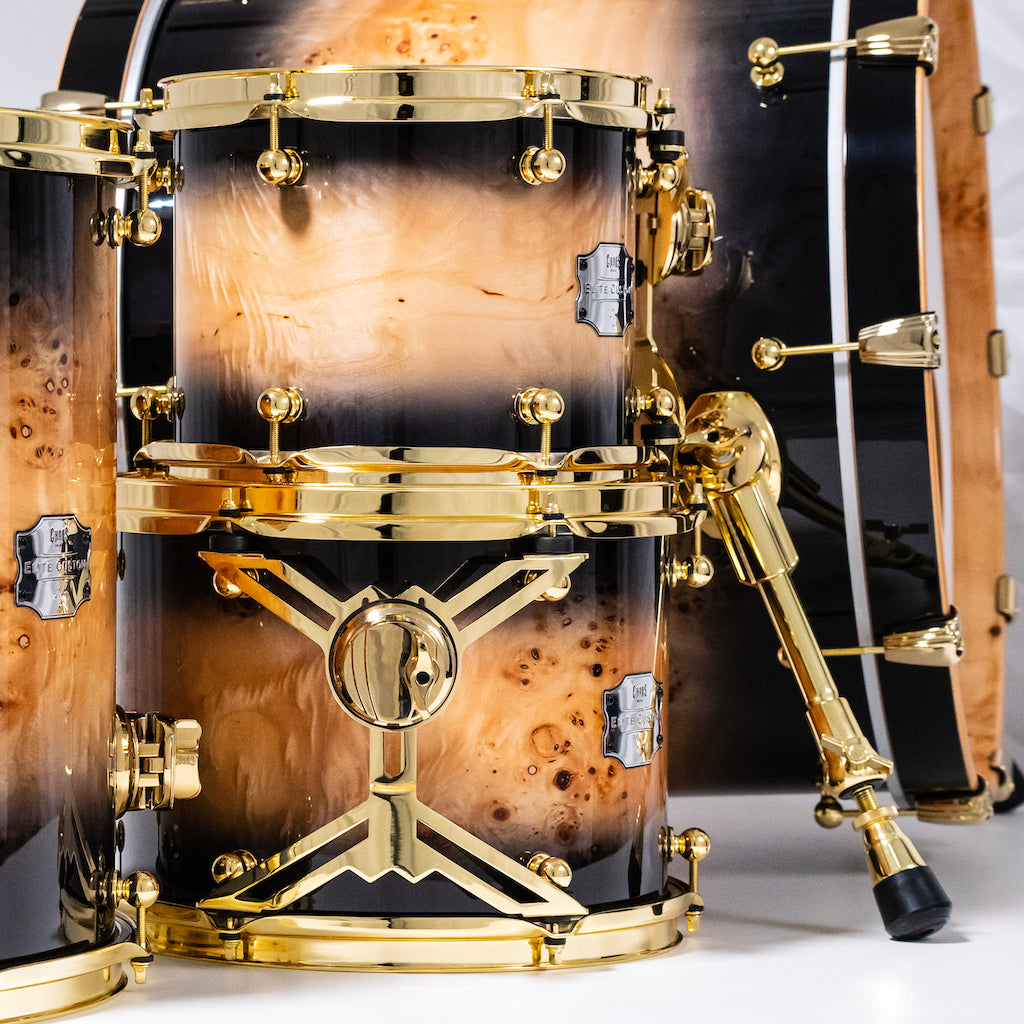 Chaos Elite Custom Drum Kit Maple & Mappa Burl Re-Rings - Black Natural Burst