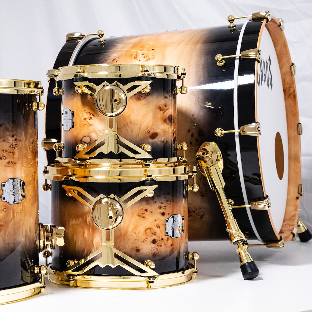Chaos Elite Custom Drum Kit Maple & Mappa Burl Re-Rings - Black Natural Burst