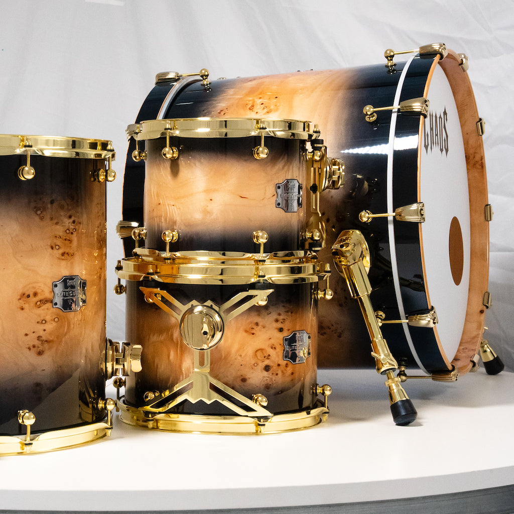 Chaos Elite Custom Drum Kit Maple & Mappa Burl Re-Rings - Black Natural Burst