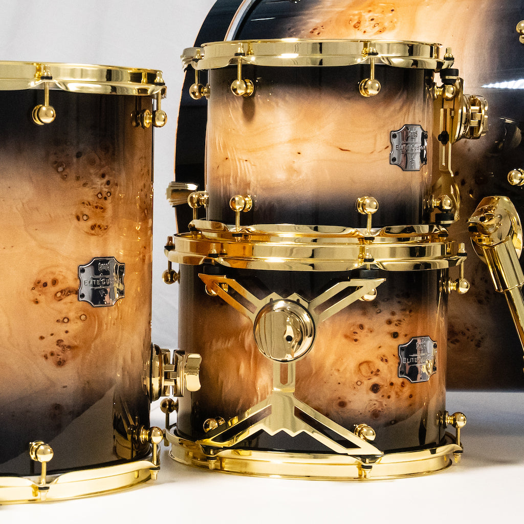 Chaos Elite Custom Drum Kit Maple & Mappa Burl Re-Rings - Black Natural Burst